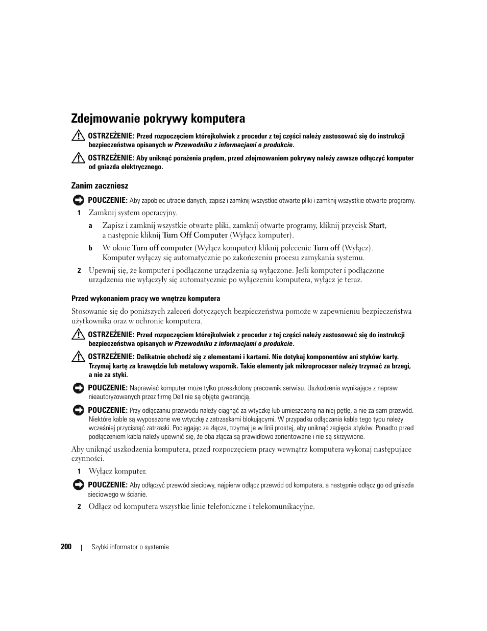 Zdejmowanie pokrywy komputera, Zanim zaczniesz | Dell OptiPlex 745c (Early 2007) User Manual | Page 200 / 262
