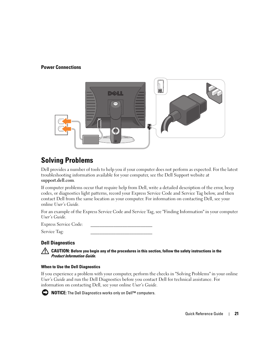 Power connections, Solving problems, Dell diagnostics | Dell OptiPlex 745c (Early 2007) User Manual | Page 21 / 262