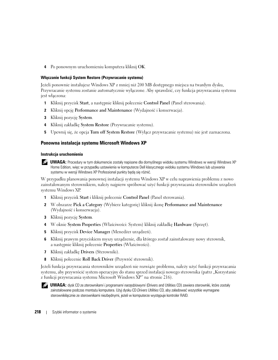 Ponowna instalacja systemu microsoft windows xp | Dell OptiPlex 745c (Early 2007) User Manual | Page 218 / 262