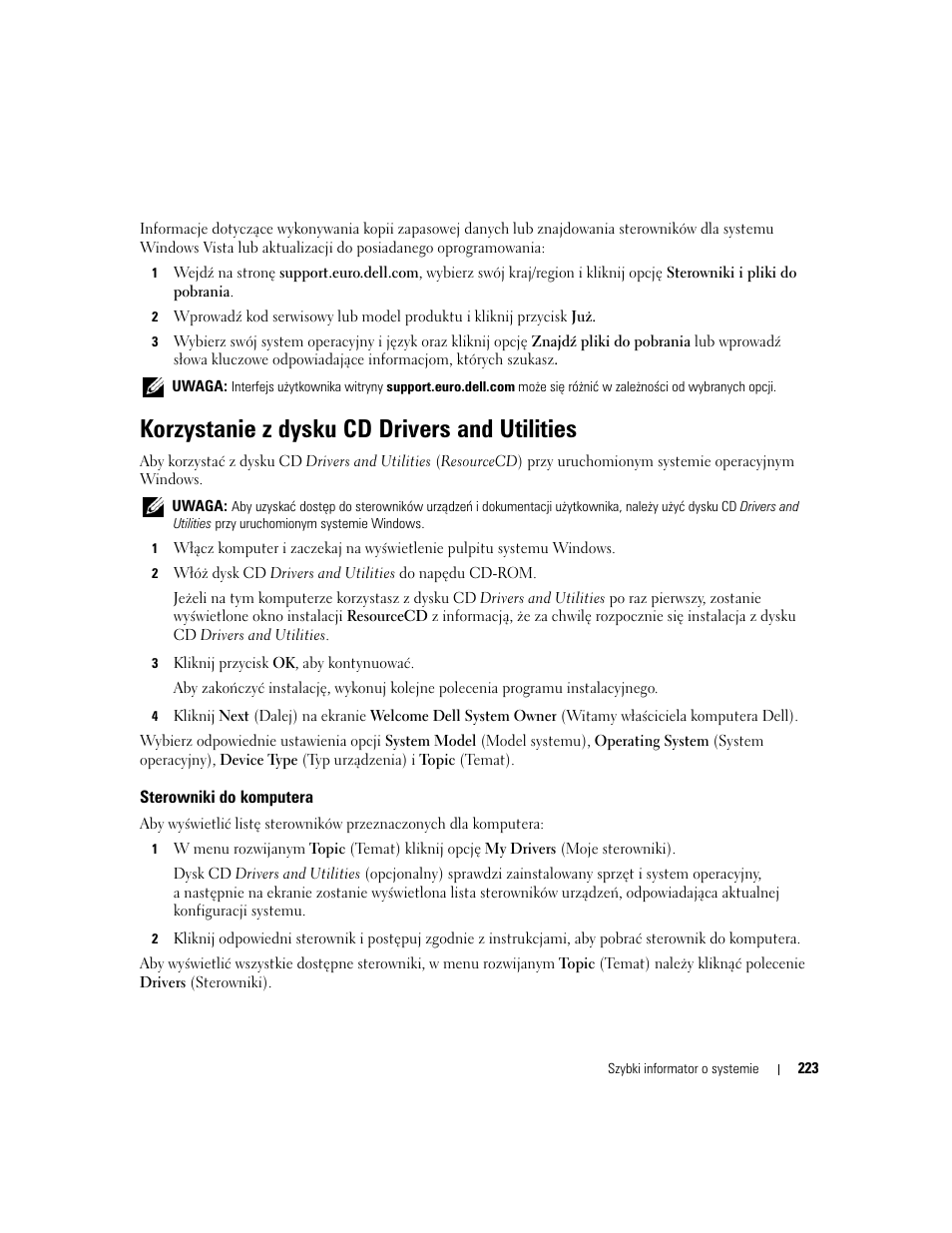 Korzystanie z dysku cd drivers and utilities, Sterowniki do komputera | Dell OptiPlex 745c (Early 2007) User Manual | Page 223 / 262