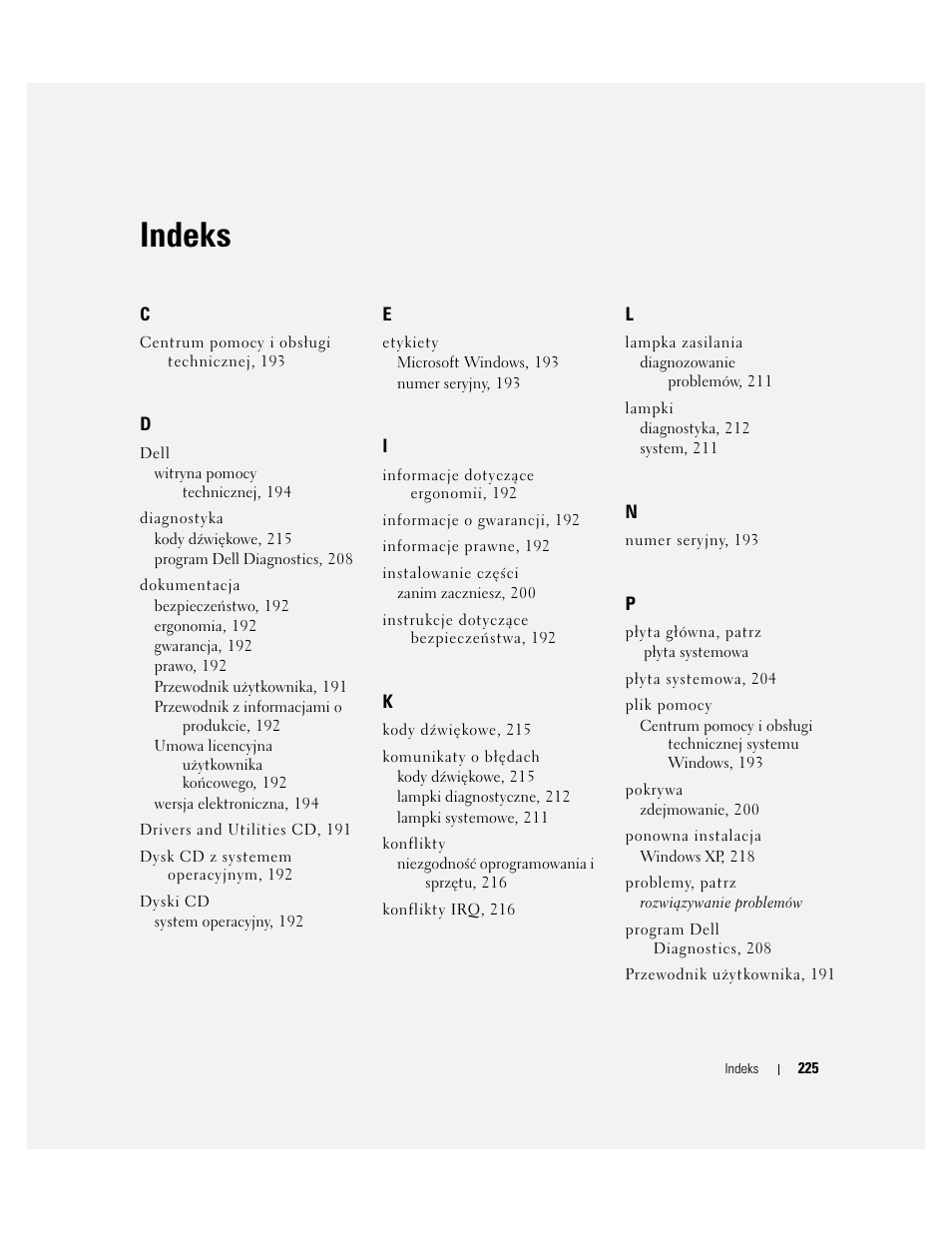 Indeks | Dell OptiPlex 745c (Early 2007) User Manual | Page 225 / 262