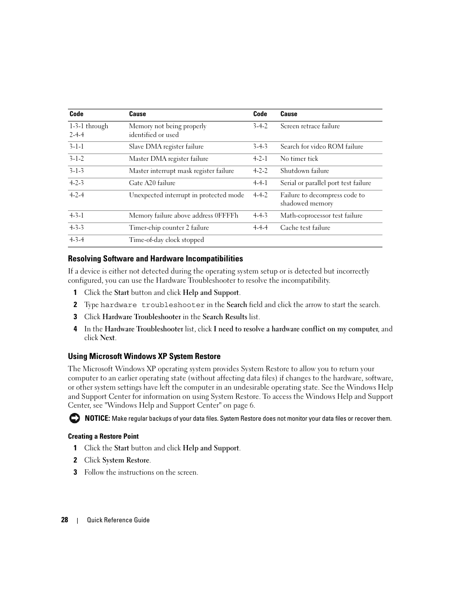 Resolving software and hardware incompatibilities, Using microsoft windows xp system restore | Dell OptiPlex 745c (Early 2007) User Manual | Page 28 / 262