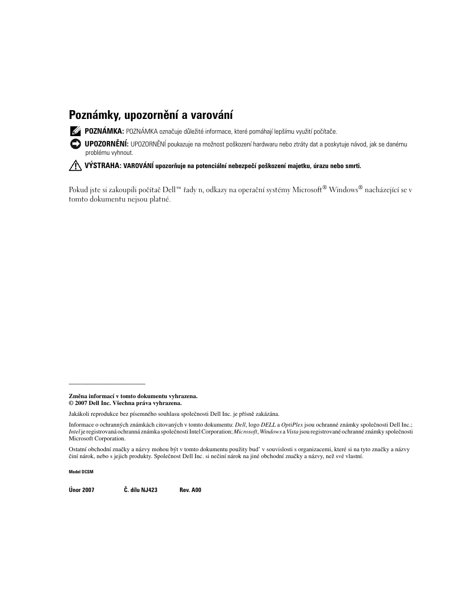 Poznámky, upozornění a varování | Dell OptiPlex 745c (Early 2007) User Manual | Page 38 / 262