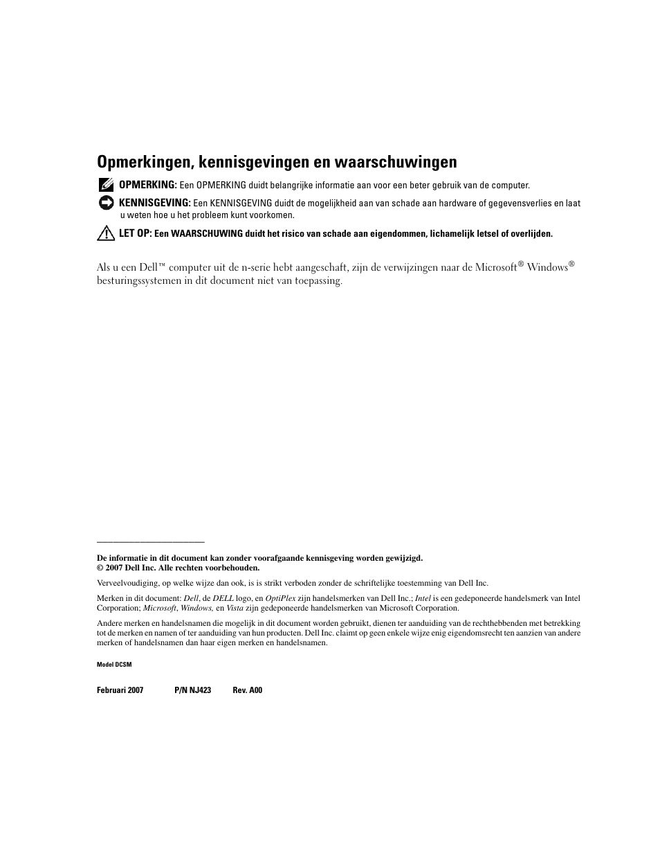 Opmerkingen, kennisgevingen en waarschuwingen | Dell OptiPlex 745c (Early 2007) User Manual | Page 74 / 262