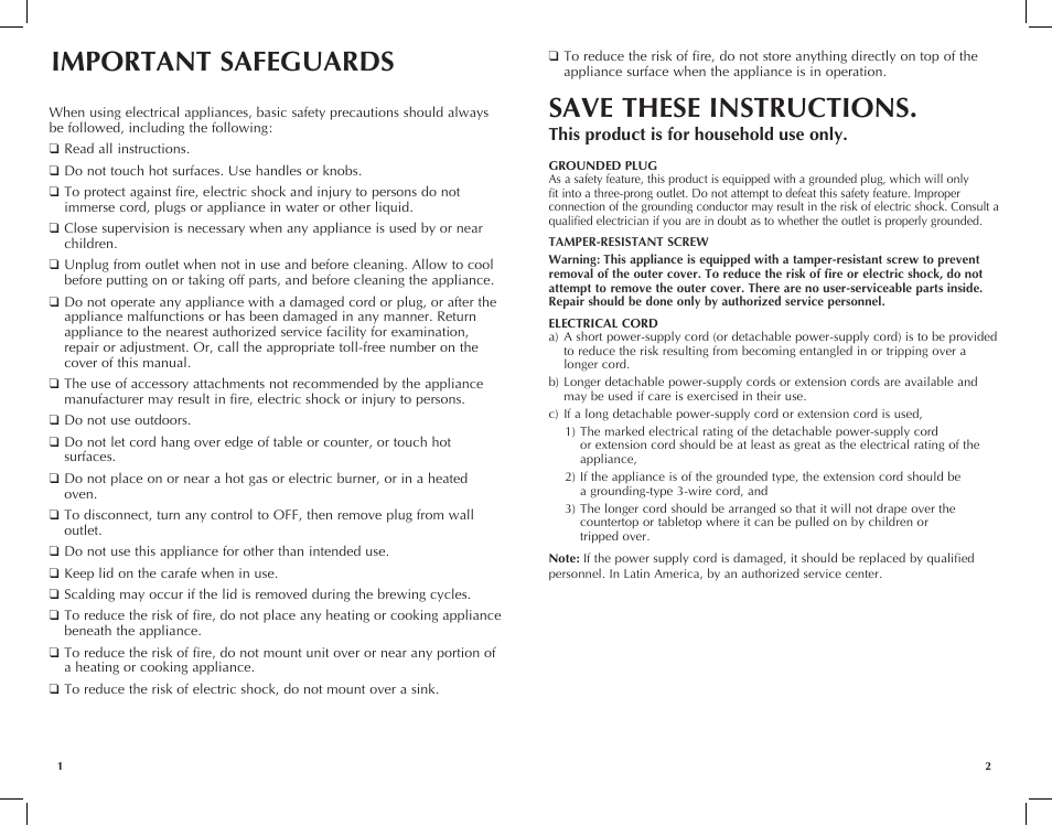 Important safeguards, Save these instructions, This product is for household use only | Black & Decker SDC740 User Manual | Page 2 / 19