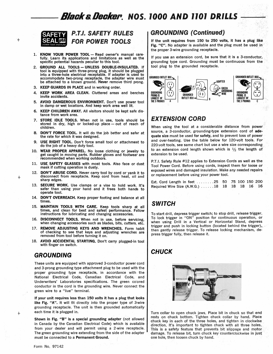 Blacks. decken, nos. 1000 and 1101 drills, P.t.l safety rules for power tools, Grounding | Grounding (continued), Extension cord, Switch, Chuck | Black & Decker 1101 User Manual | Page 2 / 2