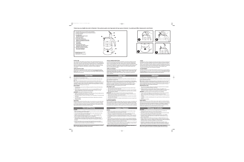 Utilisation, How to use care and cleaning cuidado y limpieza, Como usar | Black & Decker OPTIBOIL JKC600 User Manual | Page 2 / 2