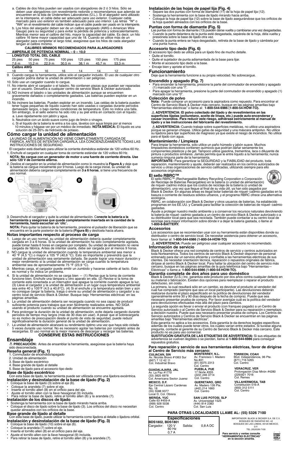 Cómo cargar la unidad de alimentación, Ensamblaje, Funcionamiento | Black & Decker BDS1801 User Manual | Page 6 / 6