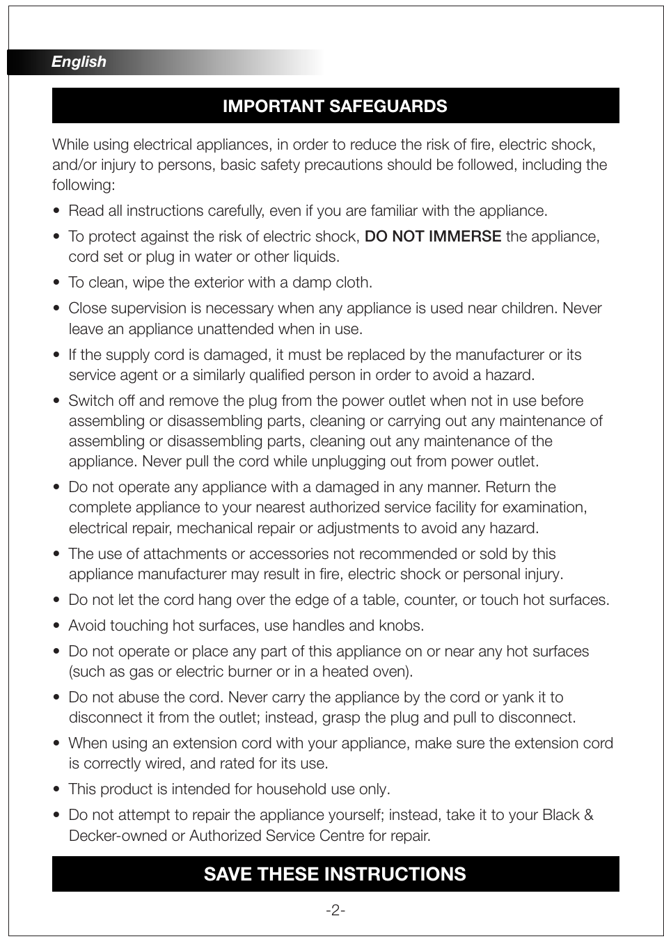 Save these instructions | Black & Decker PRJE600 User Manual | Page 2 / 12
