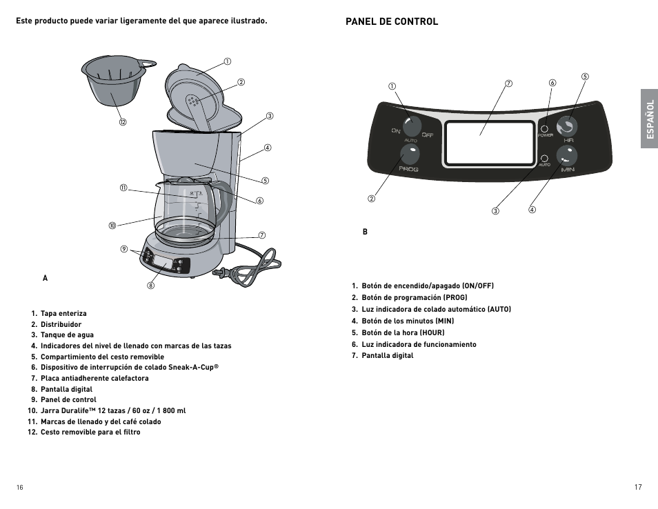 Panel de control, Coffee water, Esp añol | Black & Decker BCM1410B User Manual | Page 9 / 15