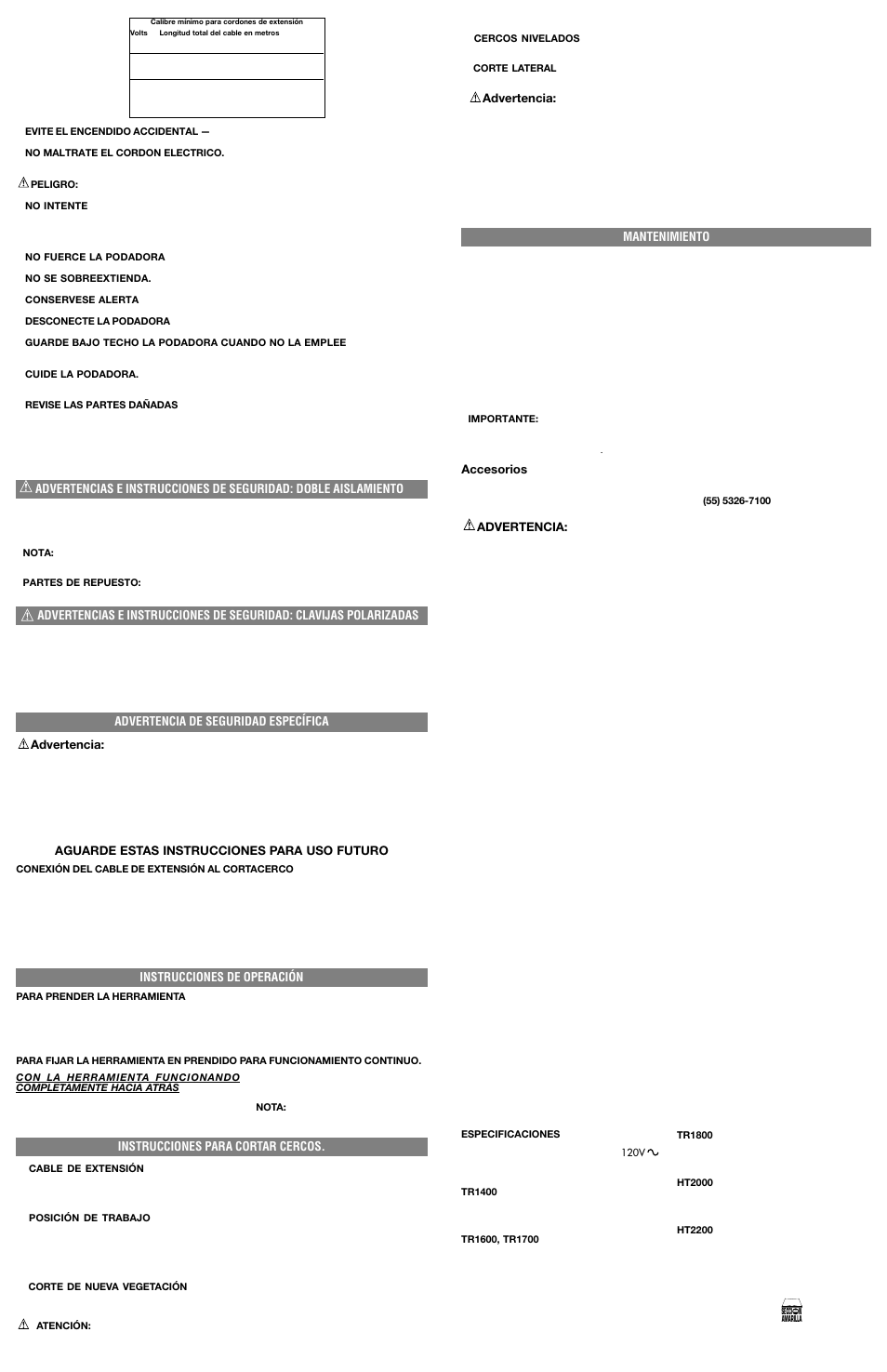 Advertencia de seguridad específica advertencia, Aguarde estas instrucciones para uso futuro, Instrucciones de operación | Instrucciones para cortar cercos, Advertencia, Mantenimiento, Accesorios | Black & Decker HT2200 User Manual | Page 4 / 4