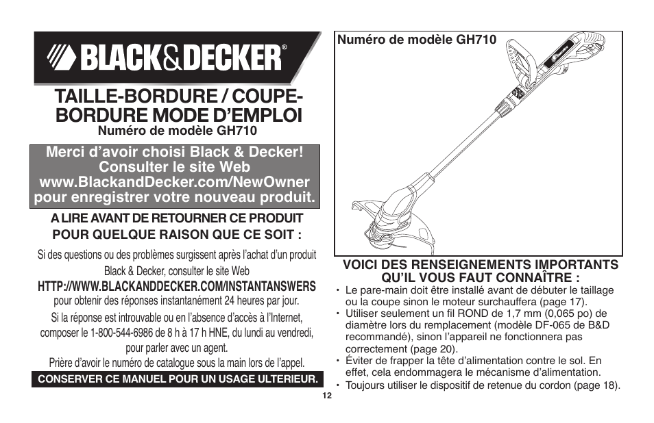 Taille-bordure / coupe- bordure mode d’emploi | Black & Decker GH710 User Manual | Page 12 / 37