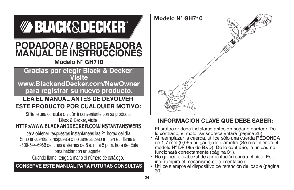 Podadora / bordeadora manual de instrucciones | Black & Decker GH710 User Manual | Page 24 / 37