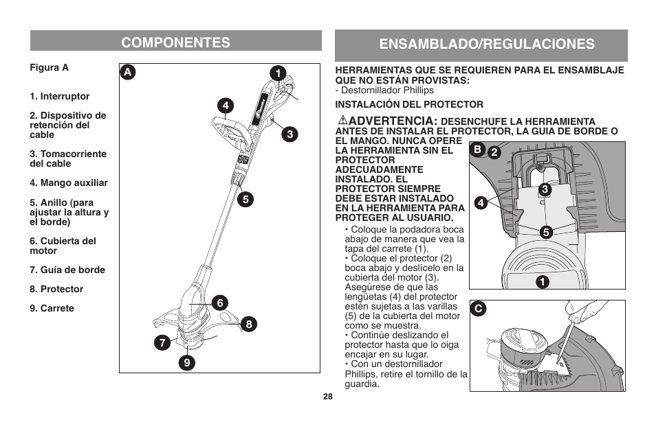 Componentes, Ensamblado/regulaciones | Black & Decker GH710 User Manual | Page 28 / 37