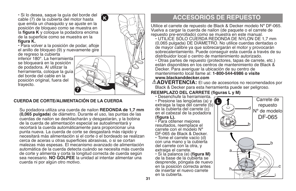 Accesorios de repuesto, Df-065 | Black & Decker GH710 User Manual | Page 31 / 37