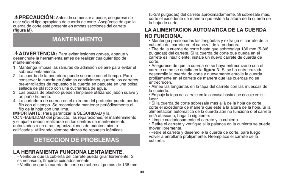 Deteccion de problemas mantenimiento | Black & Decker GH710 User Manual | Page 33 / 37