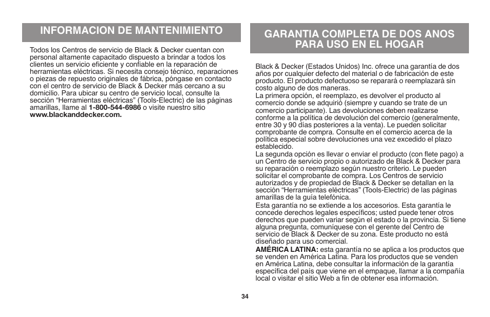 Garantia completa de dos anos para uso en el hogar, Informacion de mantenimiento | Black & Decker GH710 User Manual | Page 34 / 37
