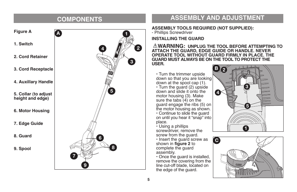Assembly and adjustment, Components | Black & Decker GH710 User Manual | Page 5 / 37