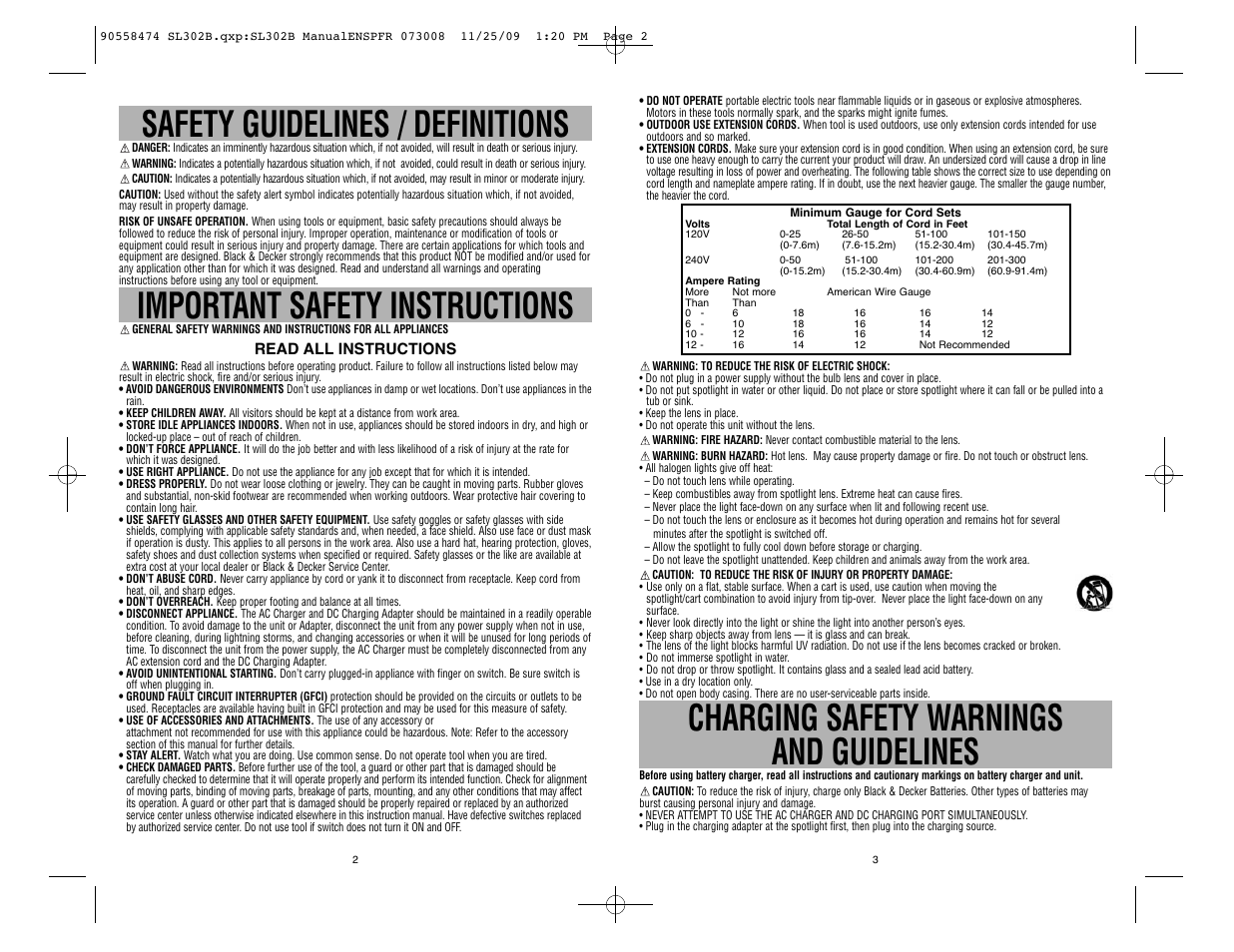 Charging safety warnings and guidelines, Safety guidelines / definitions, Important safety instructions | Black & Decker Power Series 90558474 User Manual | Page 2 / 12