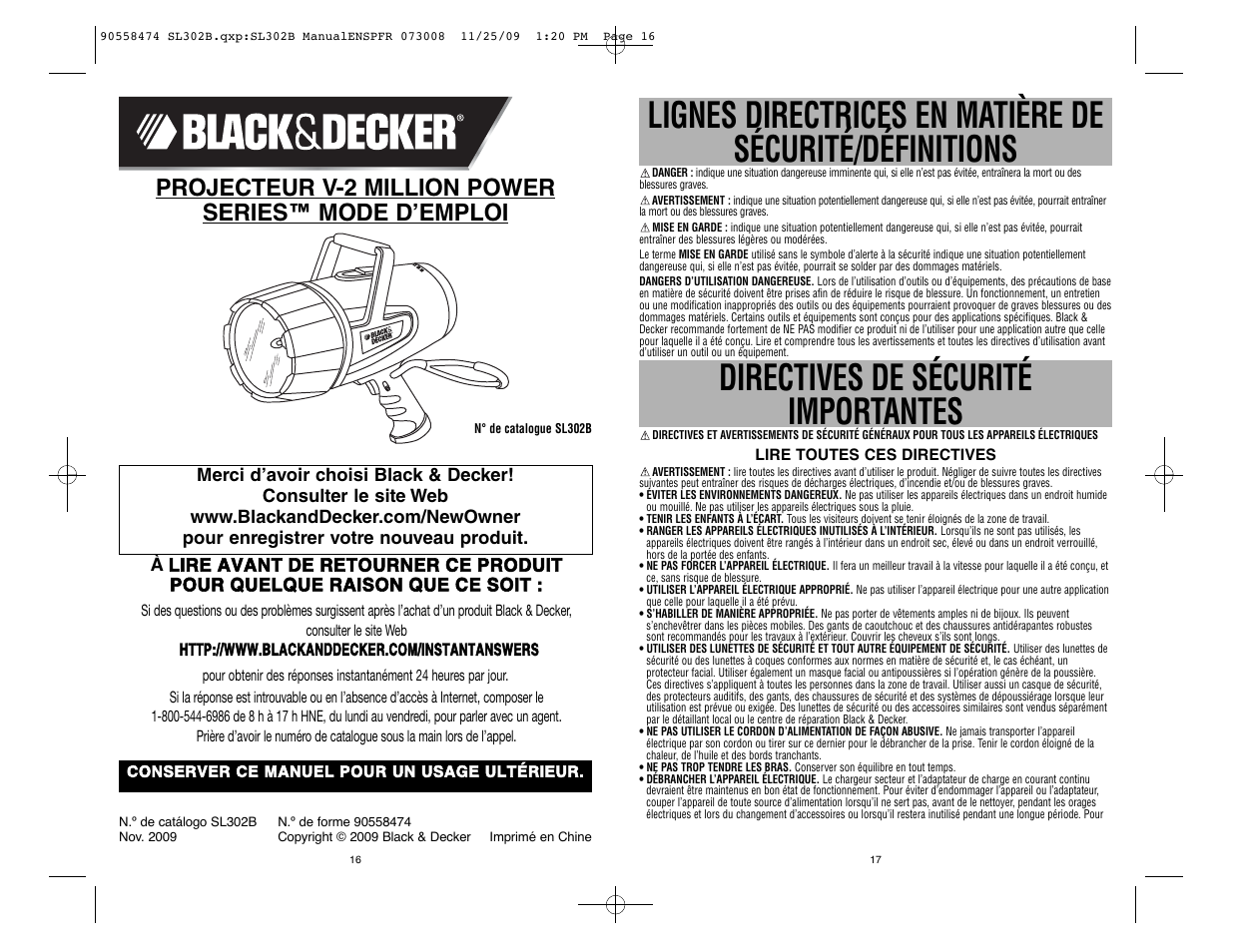 Directives de sécurité importantes, Projecteur v-2 million power series™ mode dʼemploi | Black & Decker Power Series 90558474 User Manual | Page 9 / 12