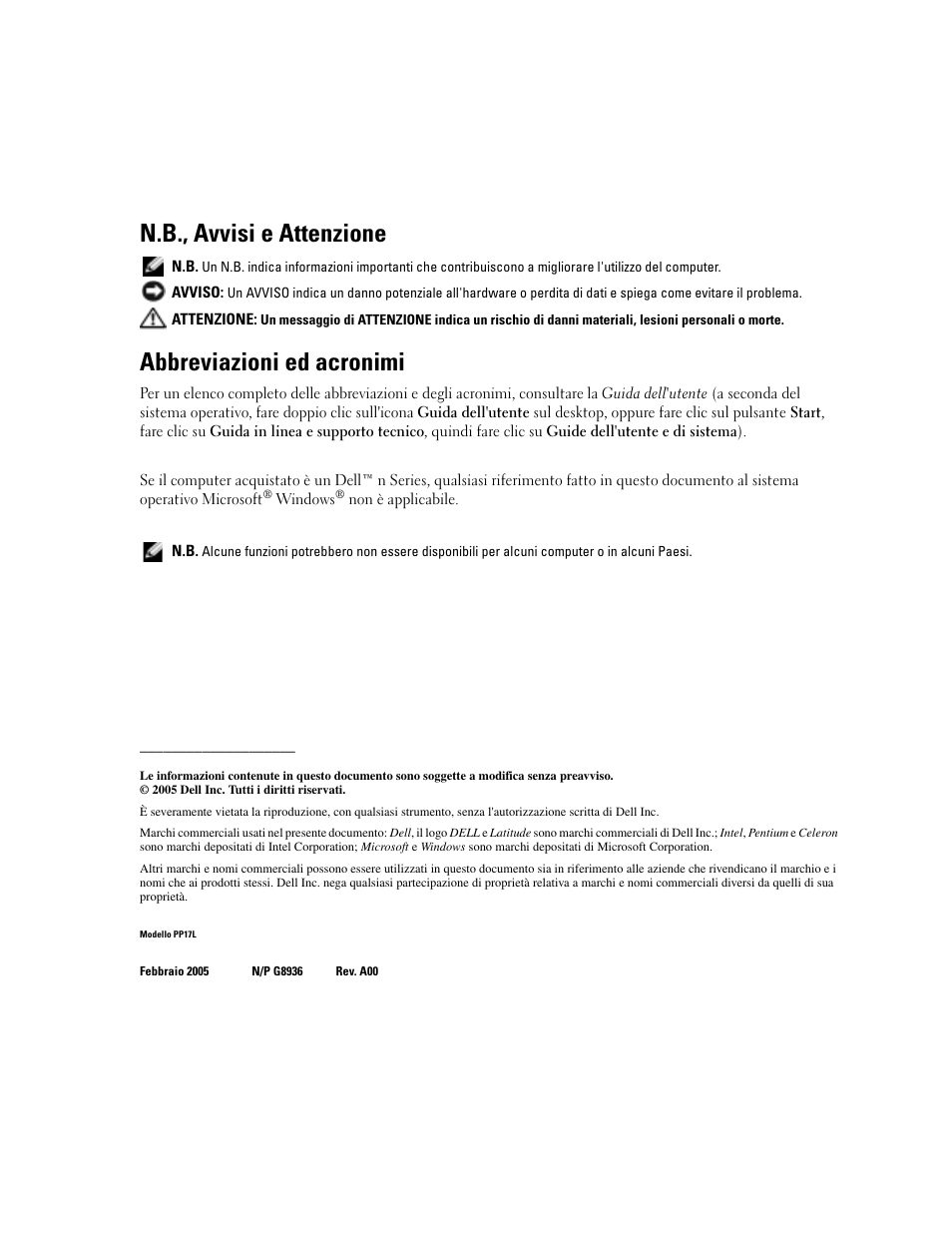 N.b., avvisi e attenzione, Abbreviazioni ed acronimi | Dell Latitude D510 User Manual | Page 106 / 156