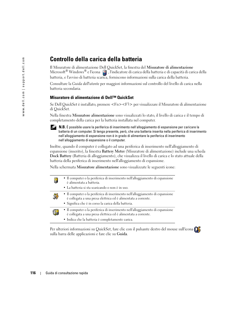 Controllo della carica della batteria, Misuratore di alimentazione di dell™ quickset | Dell Latitude D510 User Manual | Page 116 / 156