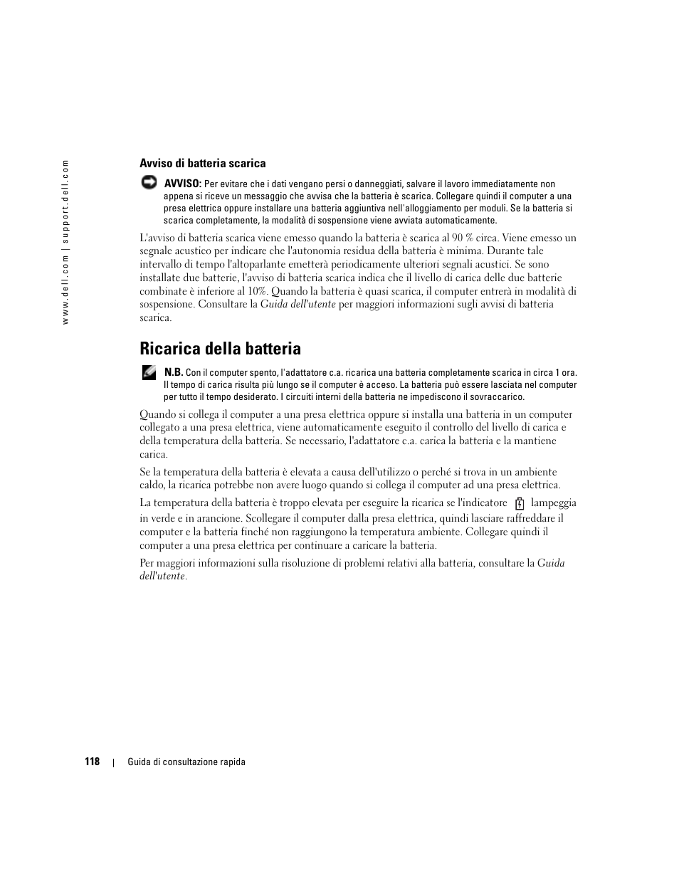 Avviso di batteria scarica, Ricarica della batteria | Dell Latitude D510 User Manual | Page 118 / 156