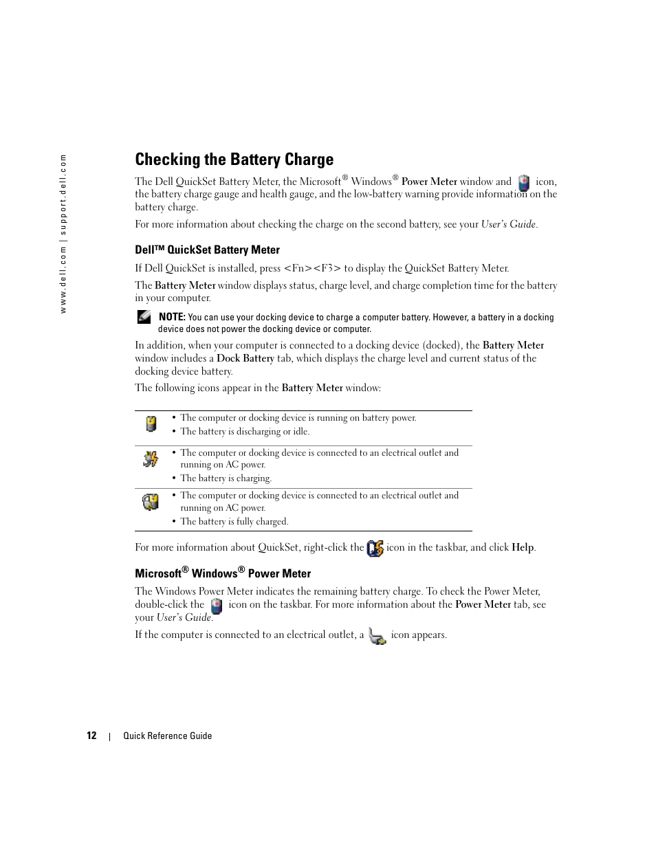Checking the battery charge, Dell™ quickset battery meter, Microsoft® windows® power meter | Microsoft | Dell Latitude D510 User Manual | Page 12 / 156