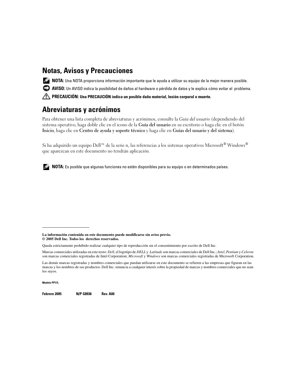 Notas, avisos y precauciones, Abreviaturas y acrónimos | Dell Latitude D510 User Manual | Page 132 / 156