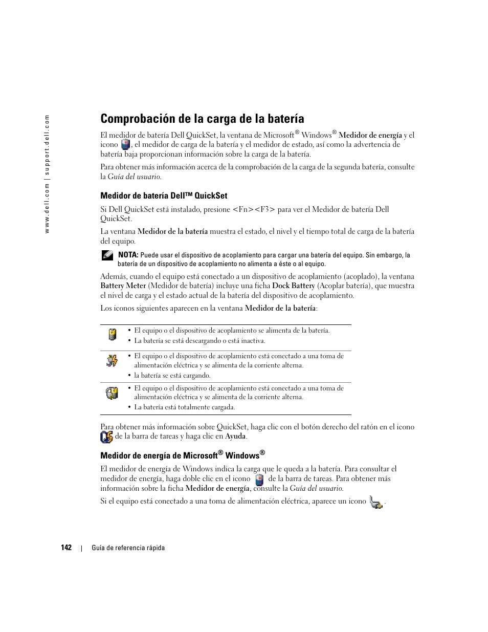 Comprobación de la carga de la batería, Medidor de batería dell™ quickset, Medidor de energía de microsoft® windows | Medidor de energía de microsoft | Dell Latitude D510 User Manual | Page 142 / 156