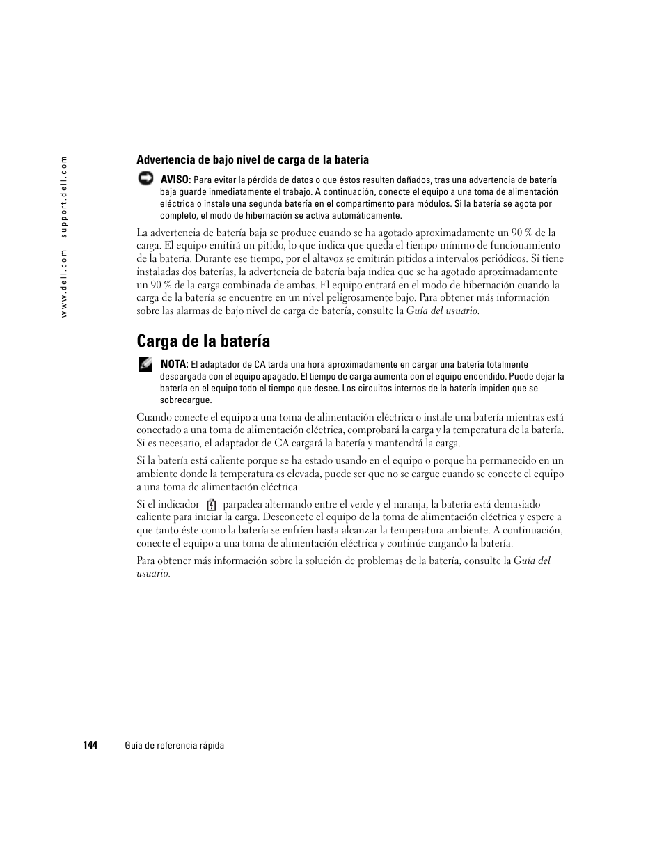 Advertencia de bajo nivel de carga de la batería, Carga de la batería | Dell Latitude D510 User Manual | Page 144 / 156