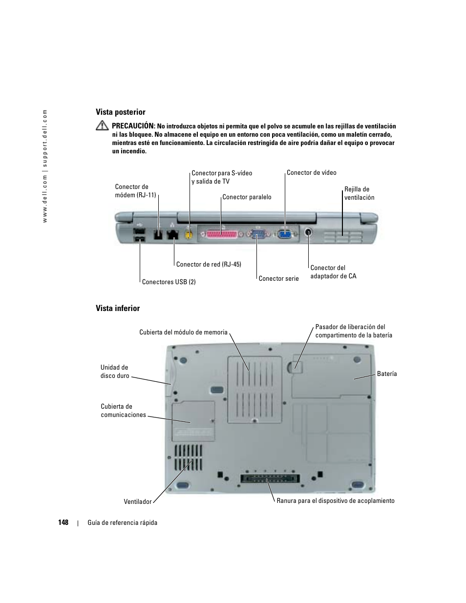 Vista posterior, Vista inferior | Dell Latitude D510 User Manual | Page 148 / 156