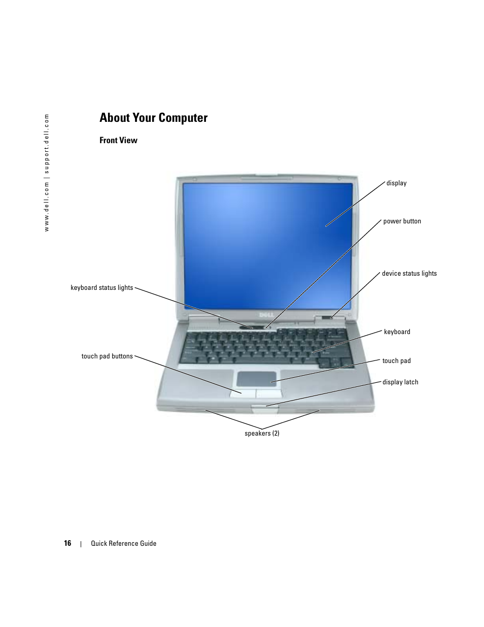 About your computer, Front view | Dell Latitude D510 User Manual | Page 16 / 156