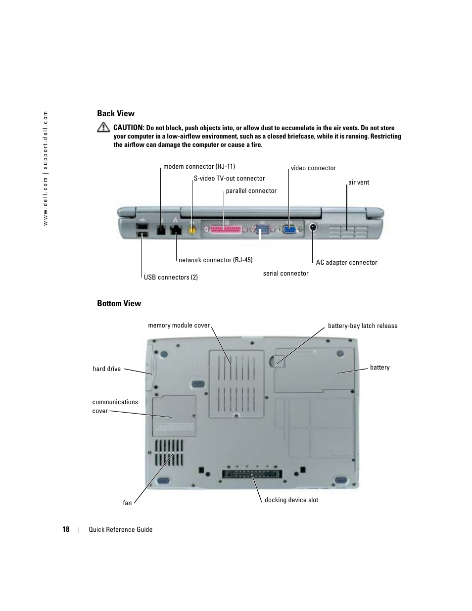 Back view, Bottom view | Dell Latitude D510 User Manual | Page 18 / 156