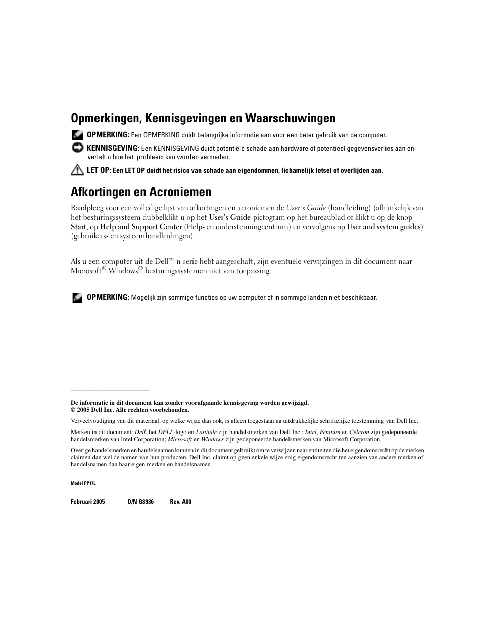 Opmerkingen, kennisgevingen en waarschuwingen, Afkortingen en acroniemen | Dell Latitude D510 User Manual | Page 28 / 156