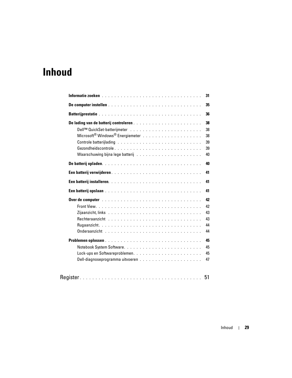 Inhoud, Register | Dell Latitude D510 User Manual | Page 29 / 156