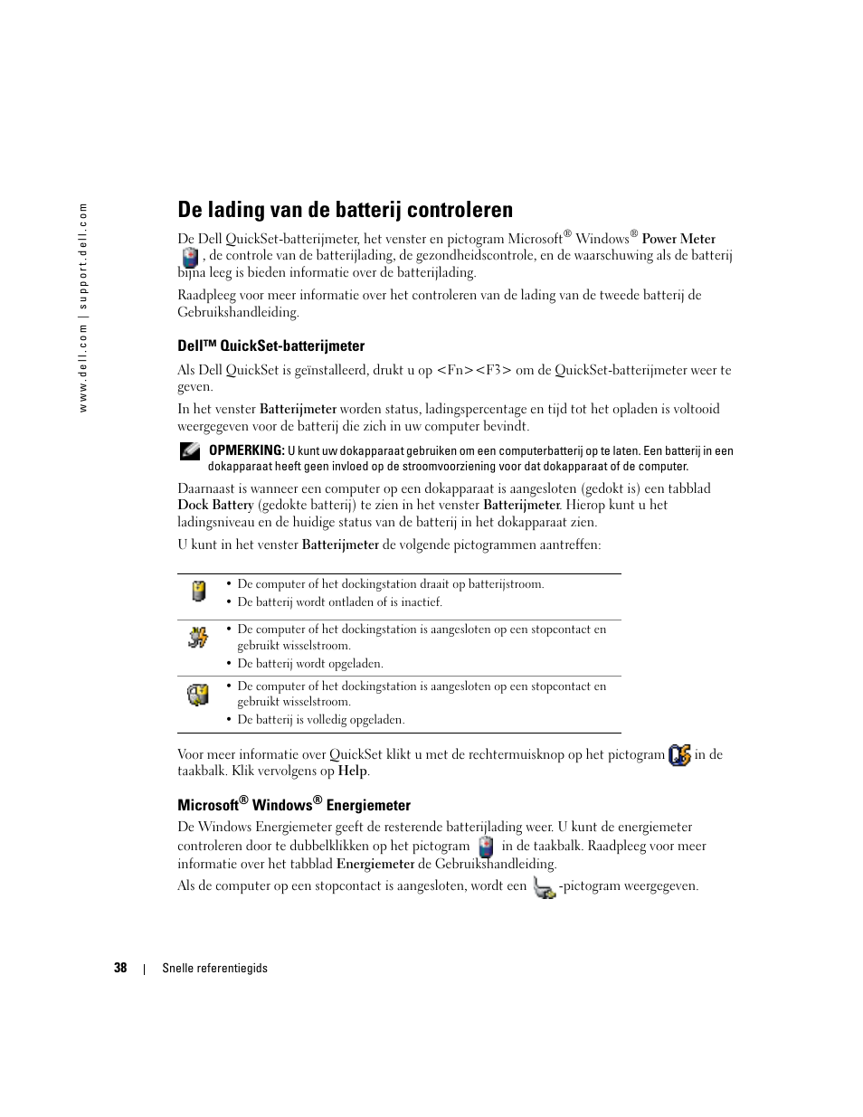 De lading van de batterij controleren, Dell™ quickset-batterijmeter, Microsoft® windows® energiemeter | Microsoft | Dell Latitude D510 User Manual | Page 38 / 156