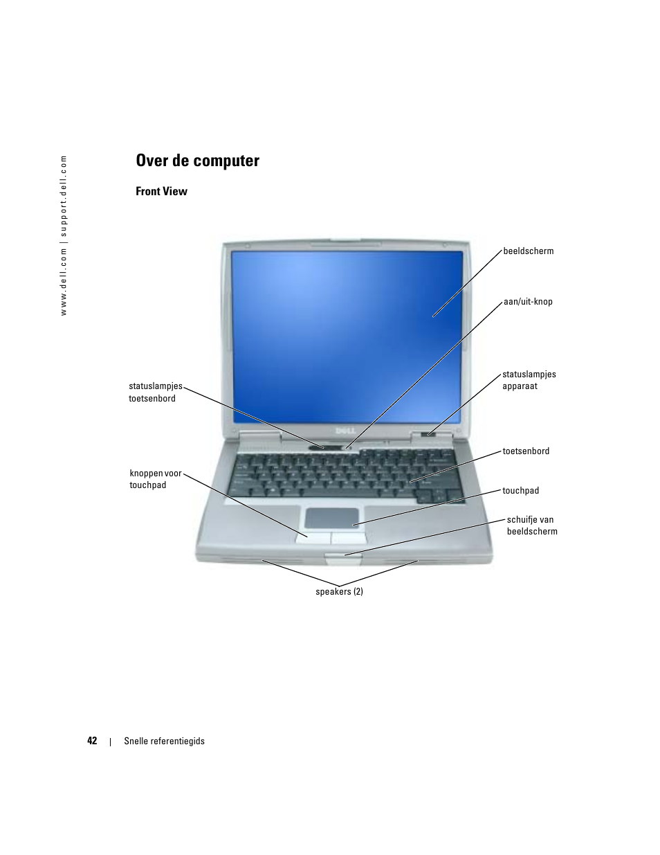 Over de computer, Front view | Dell Latitude D510 User Manual | Page 42 / 156
