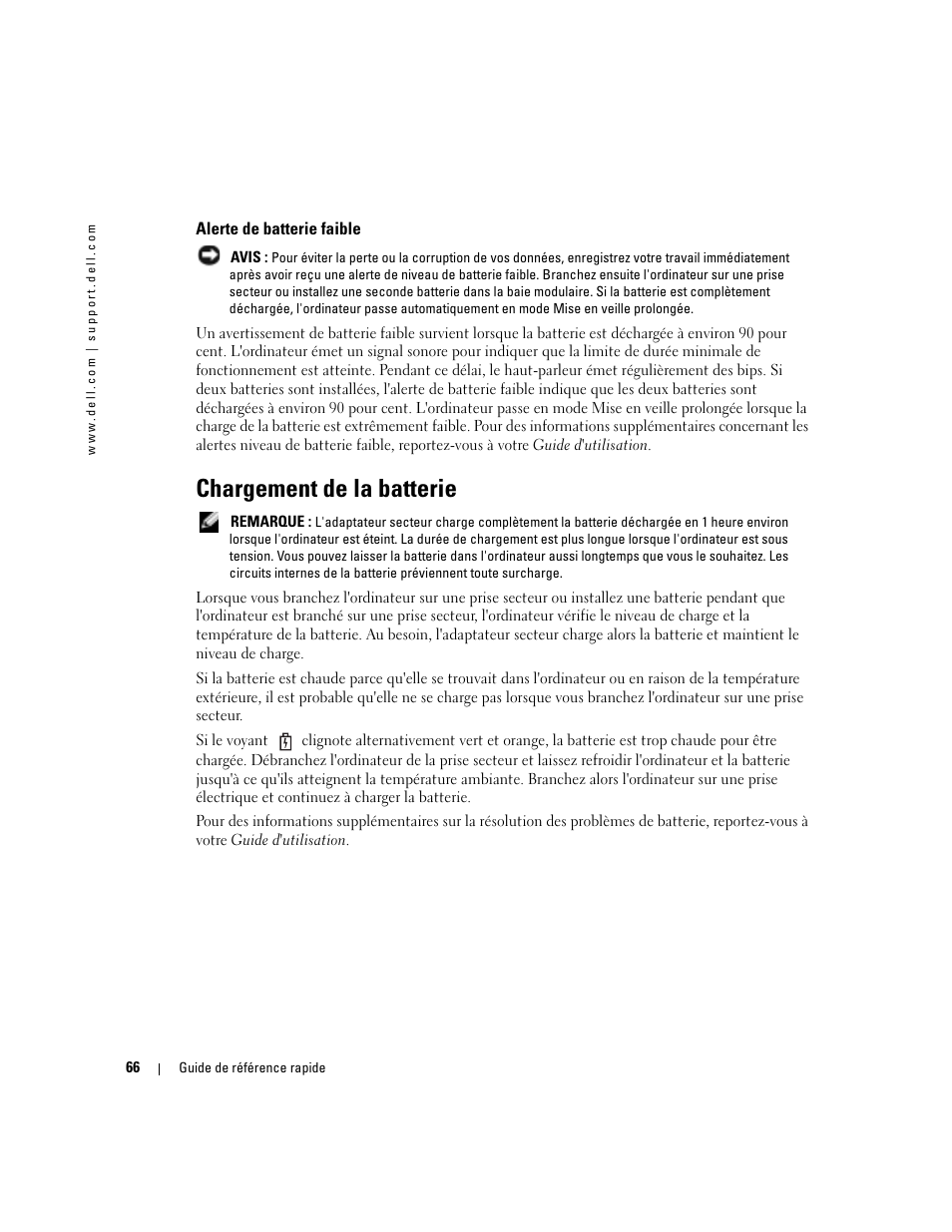 Alerte de batterie faible, Chargement de la batterie | Dell Latitude D510 User Manual | Page 66 / 156