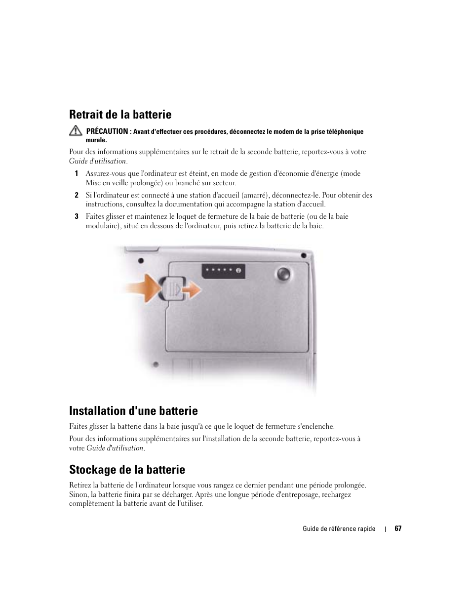 Retrait de la batterie, Installation d'une batterie, Stockage de la batterie | Dell Latitude D510 User Manual | Page 67 / 156