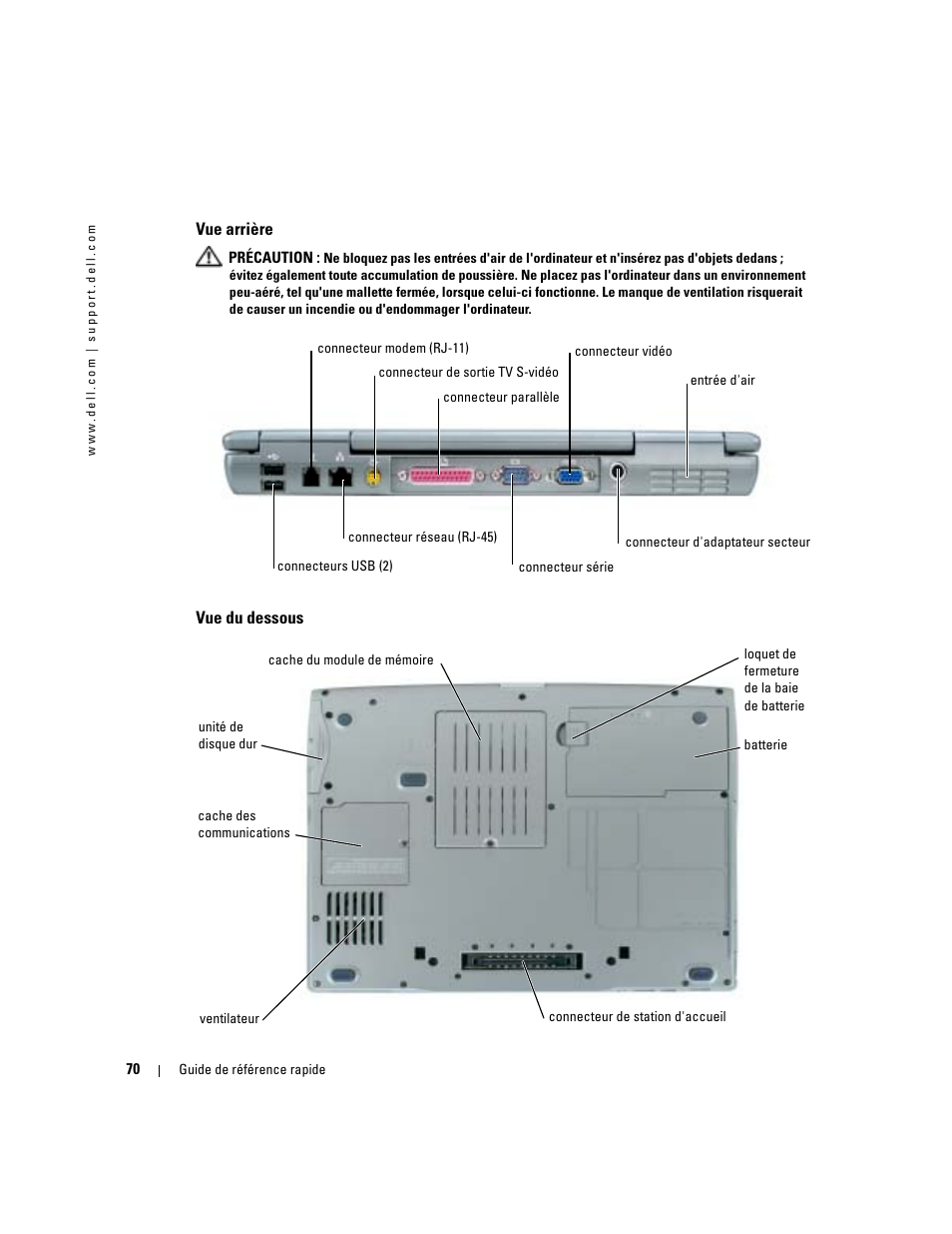 Vue arrière, Vue du dessous | Dell Latitude D510 User Manual | Page 70 / 156