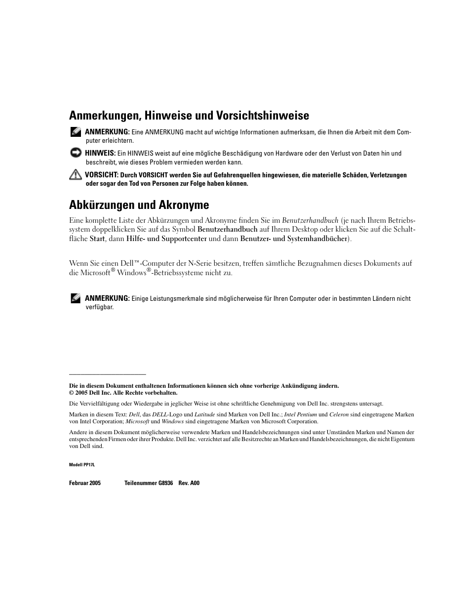 Anmerkungen, hinweise und vorsichtshinweise, Abkürzungen und akronyme | Dell Latitude D510 User Manual | Page 80 / 156