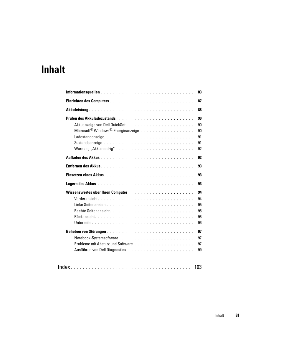 Inhalt, Index | Dell Latitude D510 User Manual | Page 81 / 156