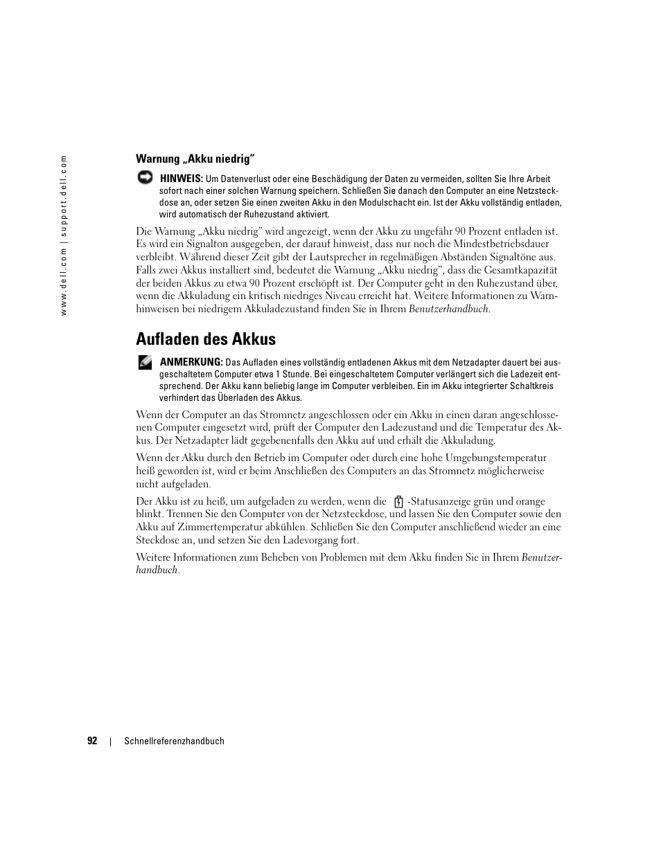 Warnung „akku niedrig, Aufladen des akkus | Dell Latitude D510 User Manual | Page 92 / 156