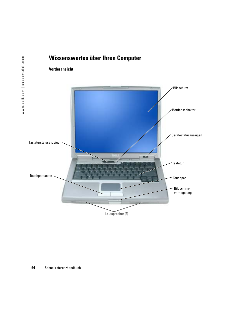 Wissenswertes über ihren computer, Vorderansicht | Dell Latitude D510 User Manual | Page 94 / 156