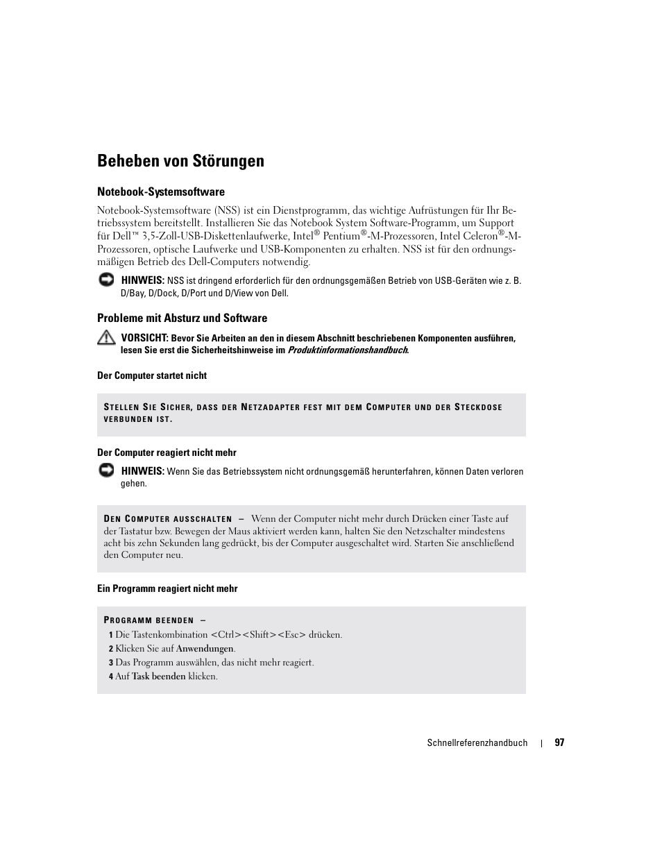 Beheben von störungen, Notebook-systemsoftware, Probleme mit absturz und software | Dell Latitude D510 User Manual | Page 97 / 156