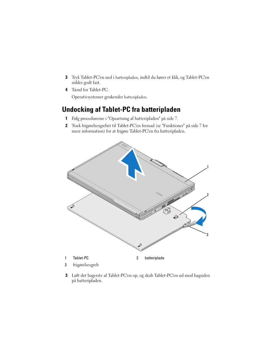 Undocking af tablet-pc fra batteripladen | Dell Latitude XT2 (Early 2009) User Manual | Page 10 / 88