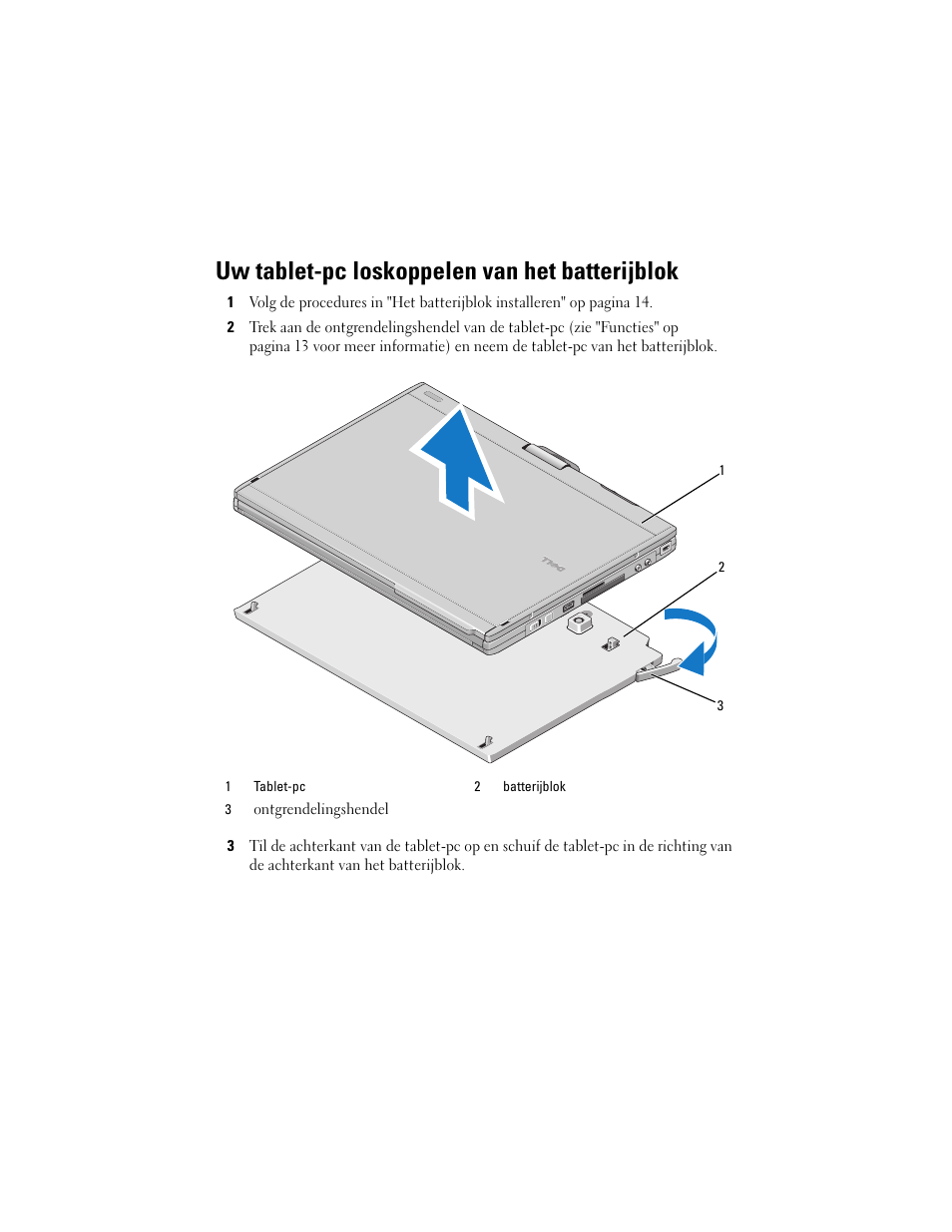 Uw tablet-pc loskoppelen van het batterijblok | Dell Latitude XT2 (Early 2009) User Manual | Page 17 / 88