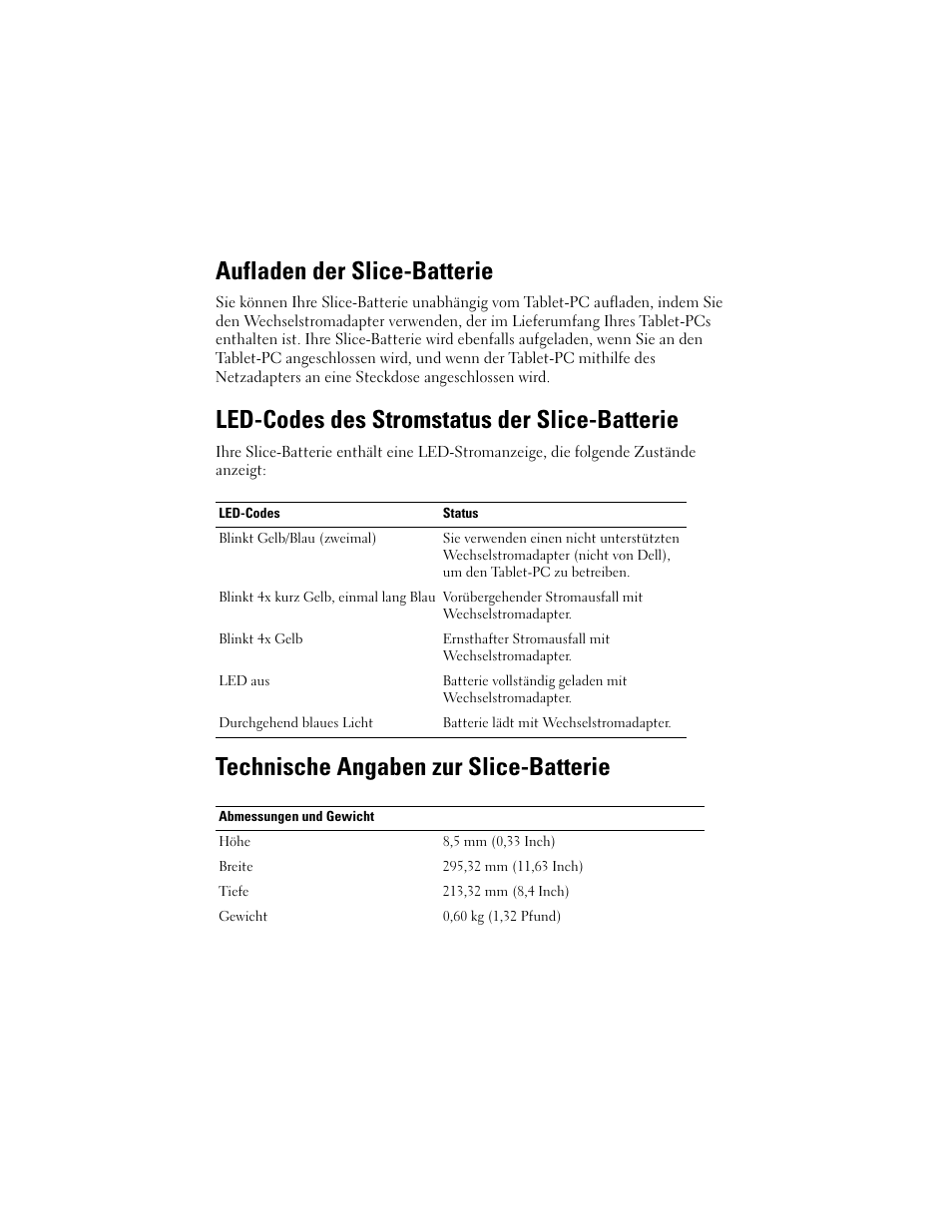 Aufladen der slice-batterie, Led-codes des stromstatus der slice-batterie, Technische angaben zur slice-batterie | Dell Latitude XT2 (Early 2009) User Manual | Page 42 / 88