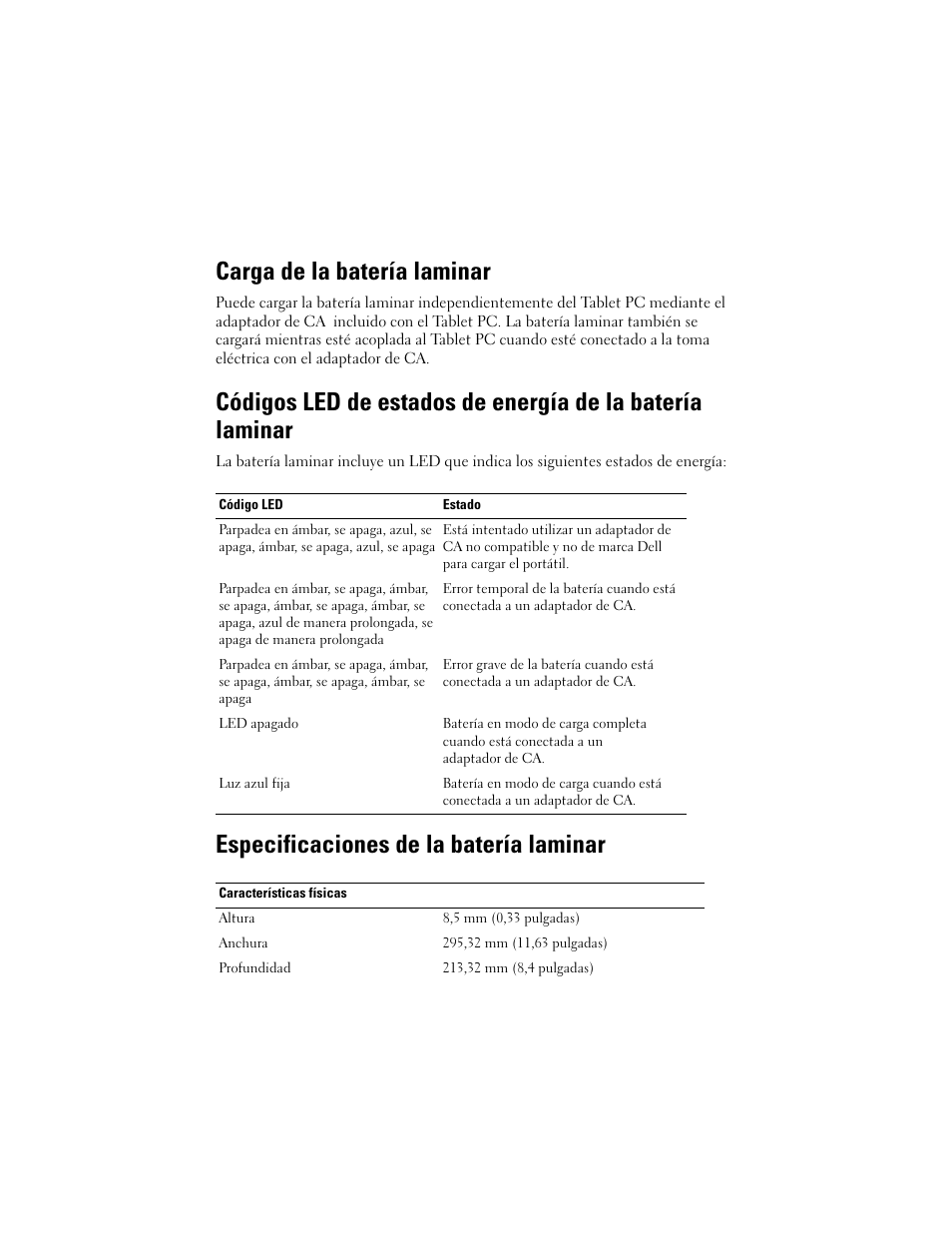 Carga de la batería laminar, Especificaciones de la batería laminar | Dell Latitude XT2 (Early 2009) User Manual | Page 74 / 88